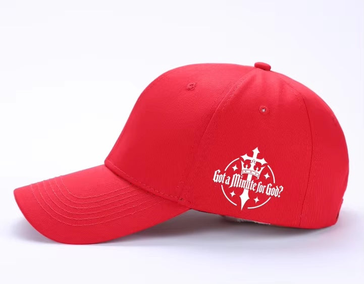 Blessed Hat in red, side view with Got a Minute for God logo