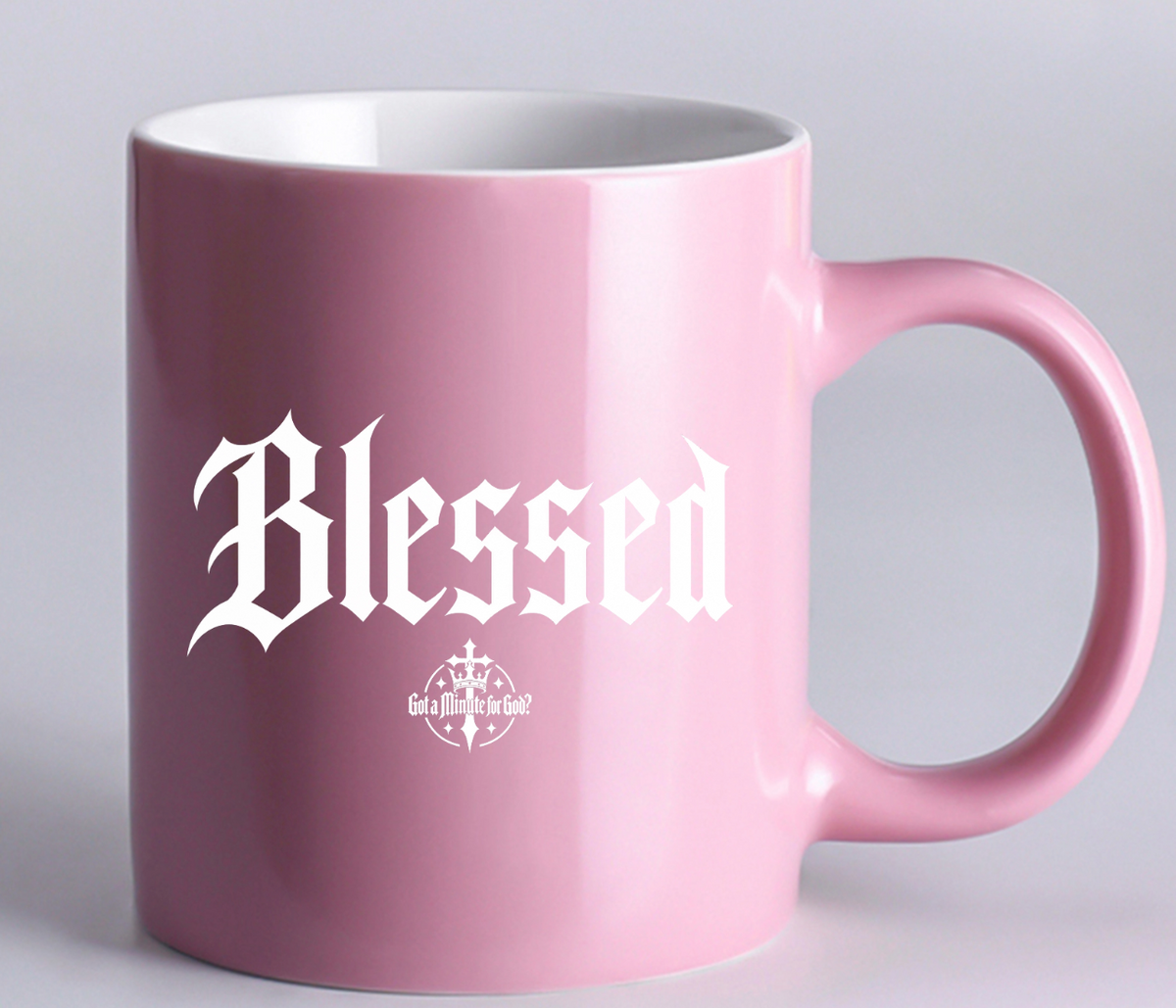 Blessed Mug in glossy pink with white Blessed wordmark and GAMFG logo