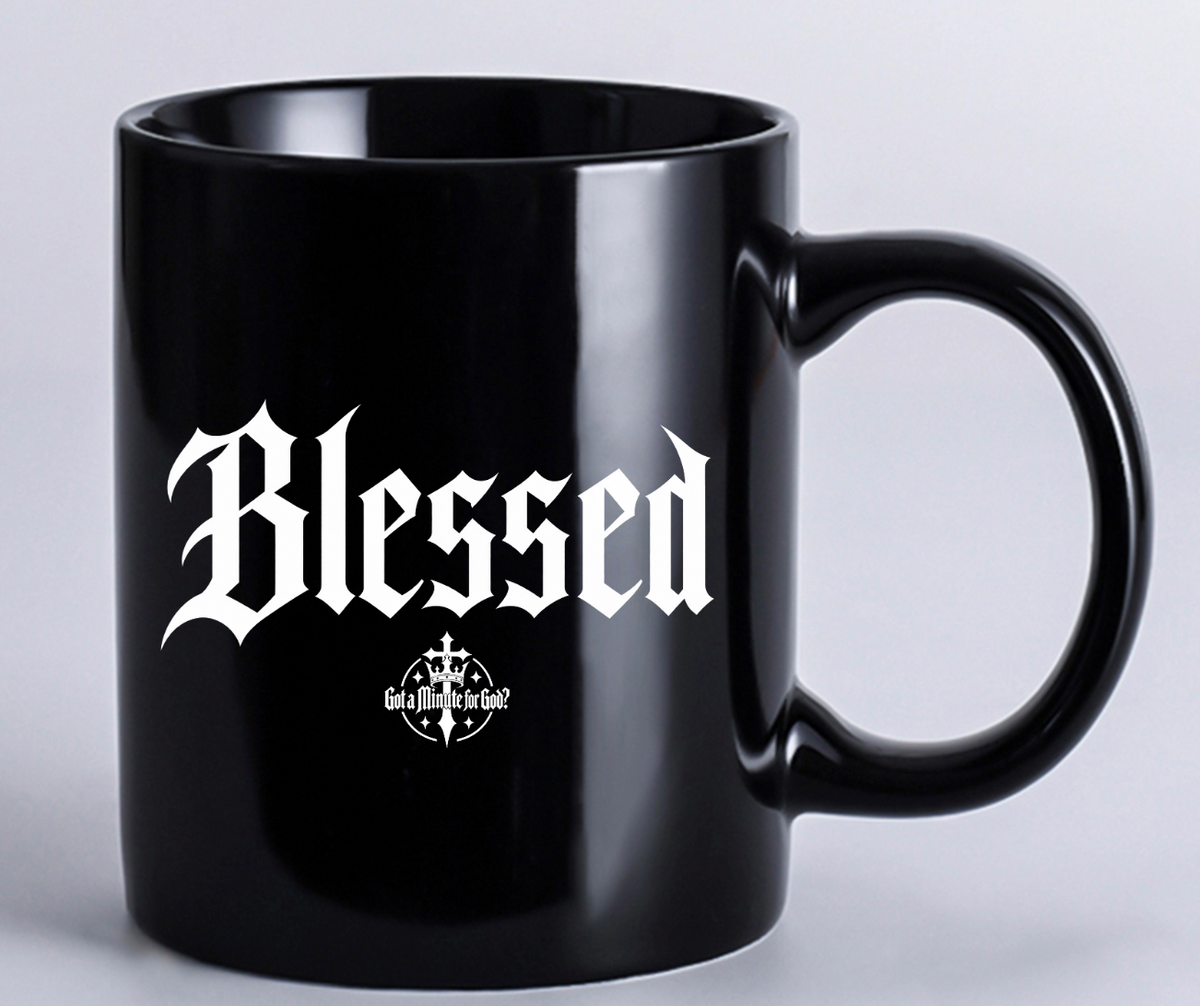 Blessed Mug in glossy black with white Blessed wordmark and GAMFG logo