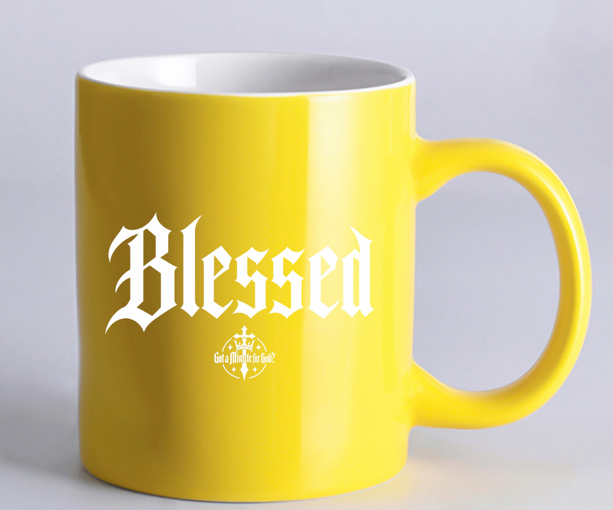 Blessed Mug in glossy yellow with white Blessed wordmark and GAMFG logo