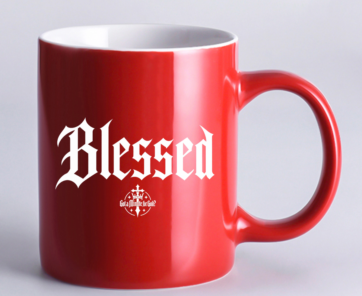 Blessed Mug in glossy red with white Blessed wordmark and GAMFG logo
