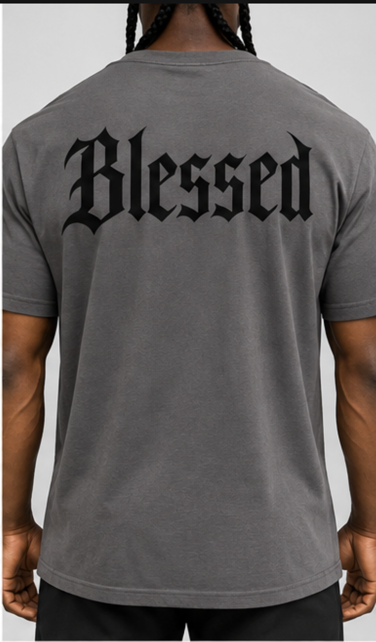 Blessed Tee in gray, back view with large tonal black Blessed wordmark