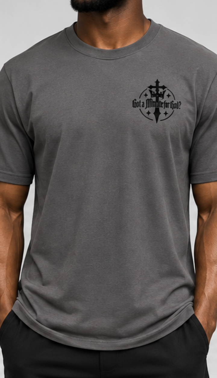 Blessed Tee in gray, front view with tonal black GAMFG chest logo